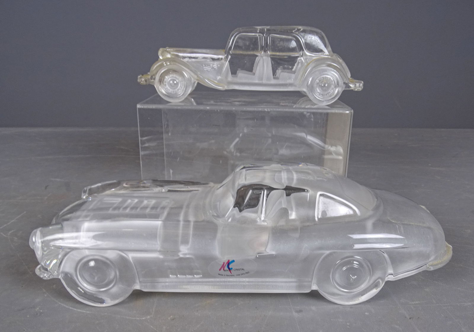 Frosted Glass Automobiles: Lot (2) frosted glass automobiles. 10 1/2" L..