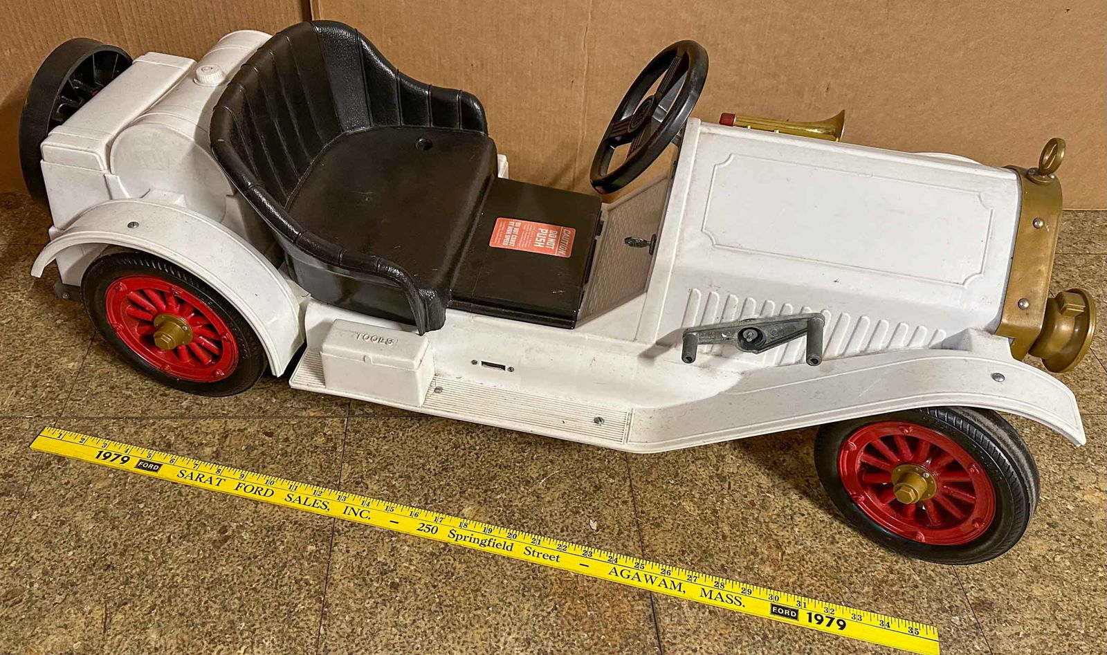 Stutz Bearcat Child's Ride On: Ca 1960's Marx Stutz Bearcat battery operated child's ride on toy, original box, 40 inches long, appears to be NOS. Meltz Collection, Columbia County New York.