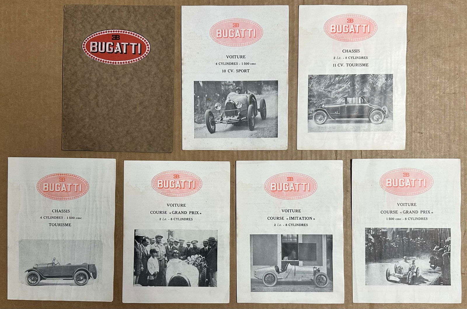 1920's Bugatti Brochure: Circa late 1920's Bugatti brochure collection, six in separate cover for Types 35, 37, 38, 39, 40, each opens to 11 x 8, vg condition