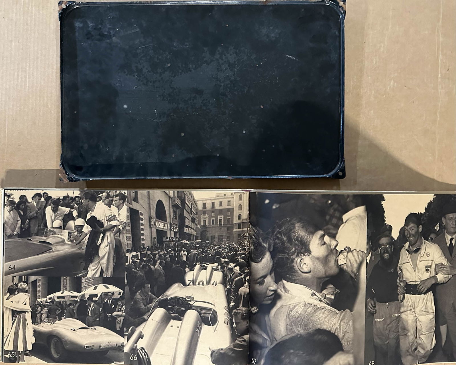 Bugatti porcelain sign: Bugatti porcelain sign, 18 x 12, 2005 Veyron boxed catalog, tie, scarf and book 1000 Miglia Viaggio Nella Memoria, vg condition