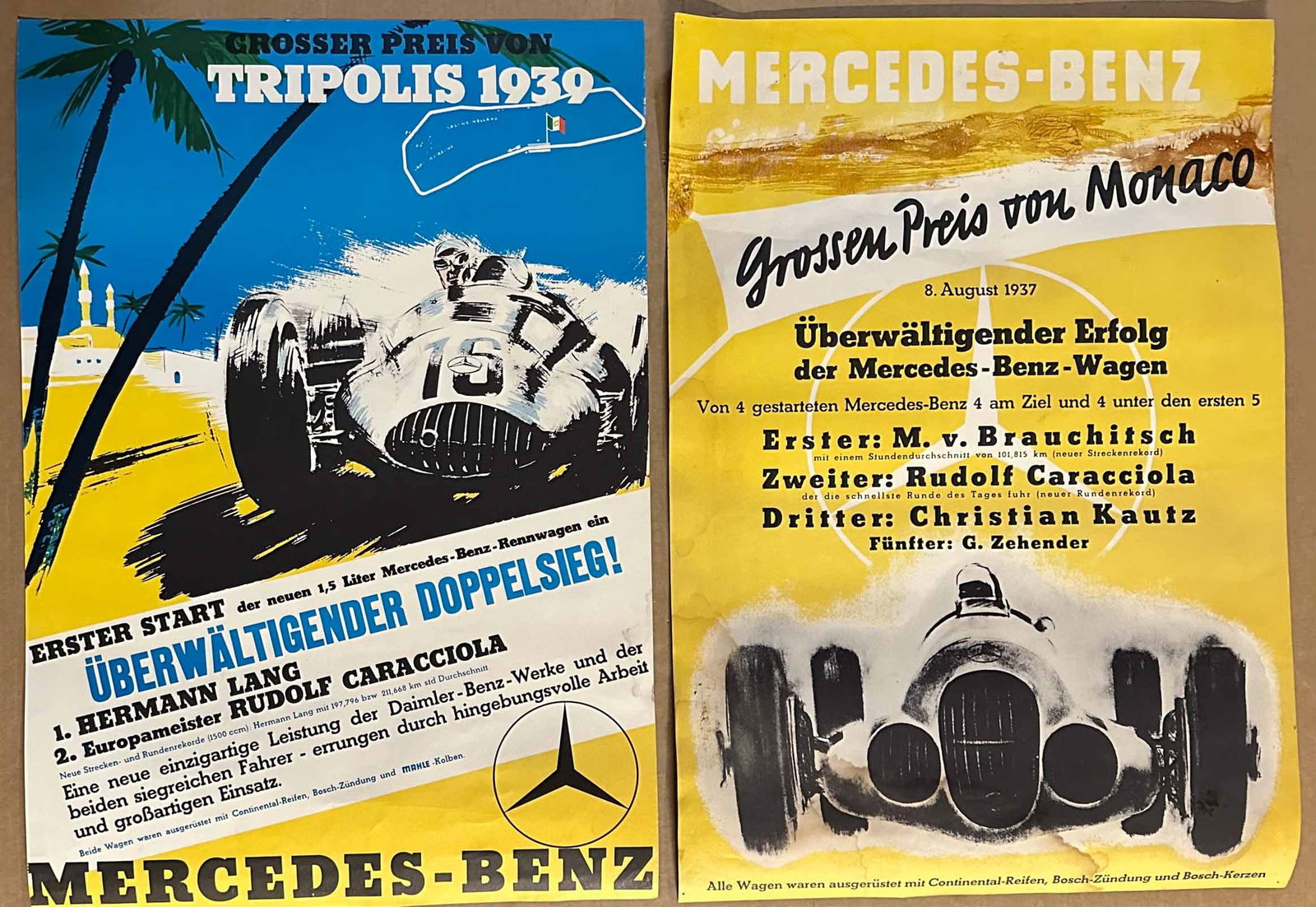 Mercedes victory posters: Mercedes victory posters - 1937 GP Monaco, (glue residue on surface), 1937 Tripoli, 28 x 19 each, condition as shown
