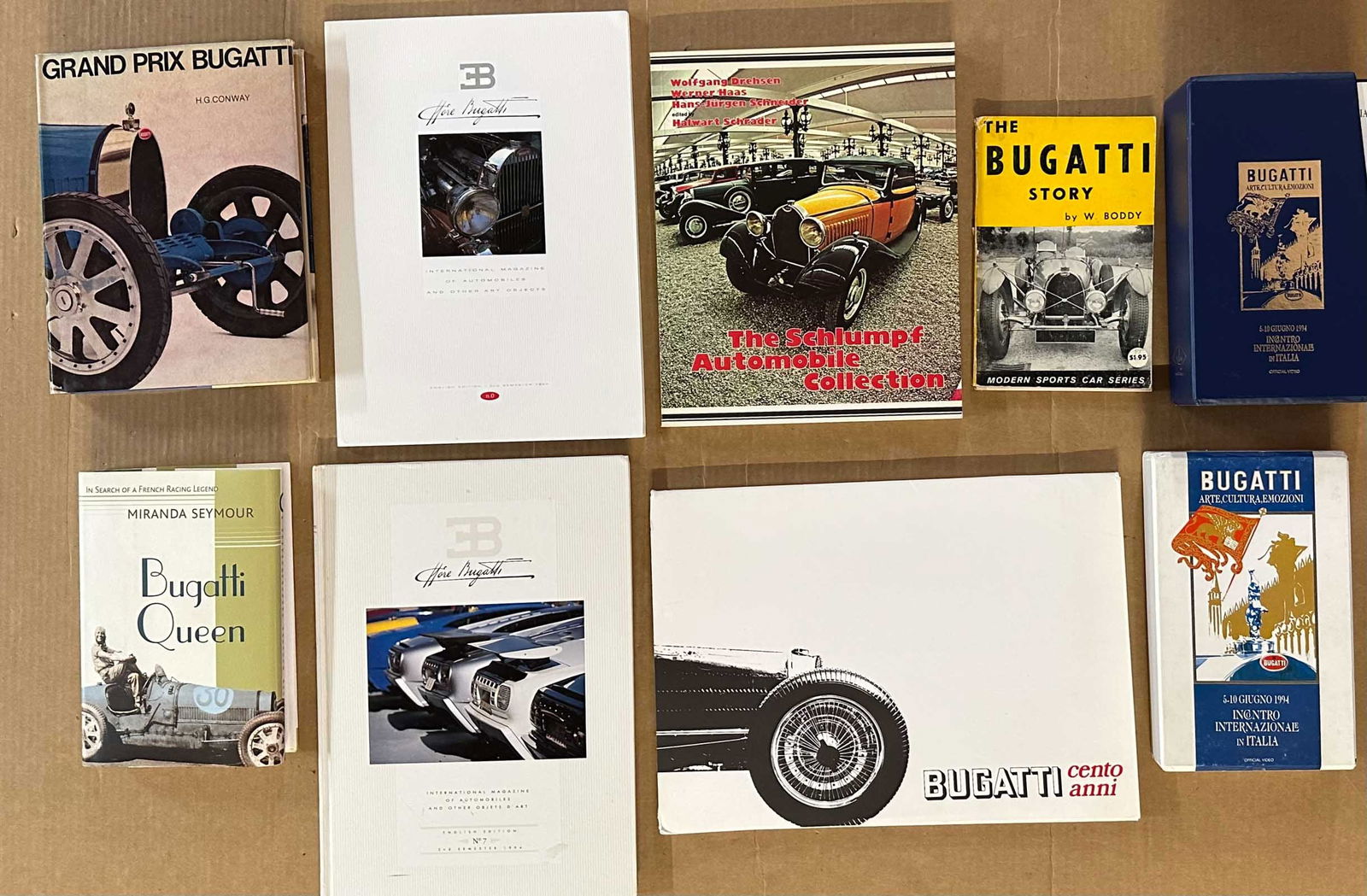 Bugatti subject books: Two boxes of Bugatti subject books, vg condition