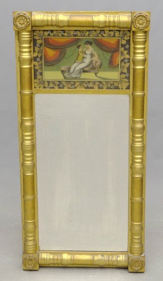 19th c. Federal Mirror: 19th c. split panel Federal mirror, top panel reverse painted with mother and child on recamier. Verso has orig. label "Samuel Curtis 15 & 17 Washington St. Boston....". 22 1/2" x 47".