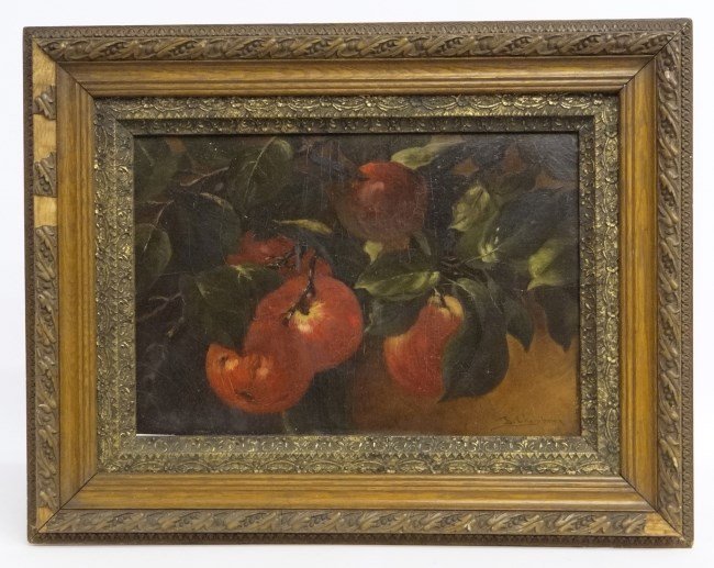 Painting Benjamin Champney: Painting oil on panel (Devoe lable) still life signed LRC "B. Champney" (Benjamin Champney Mass./N.H. 1817-1907). Sight 10 1/2" x 15 1/2".