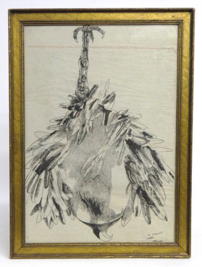 Leonard Baskin Lithograph: Leonard Baskin (Mass./N.Y. 1922-2000), signed lithograph. "Leanord Baskin Sculpture & Drawings Grace Borgenicht Galley 1018 Madison Ave. N.Y.C., April 1-25 Opening April 1, 4-7PM", signed LRC "For Leo