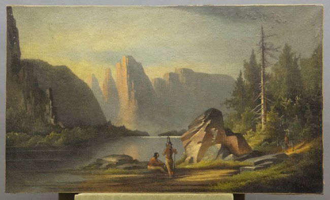 Painting Harold Frank Wallace: C. 1900's painting oil on canvas Native Americans in landscape signed LRC "H. Wallace" (Harold Frank Wallace 1881-1962). Sight 30" x 51". Some damage.