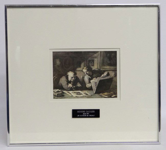 Honore Daumier Lithograph: Honore Daumier (French 1808-1879) lithograph "Les Amateurs de Tableaux" signed in the plate. Image approx. 7" x 9", framed measurements 20 1/2" x 22 1/2".