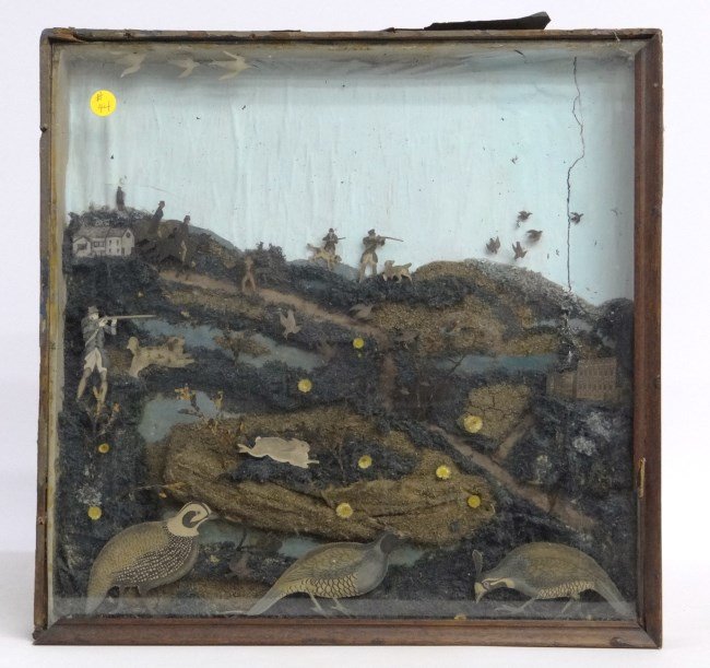 Shadow Box With Hunt Scene: Early shadow box with hunt scence. 17 1/2" x 18".