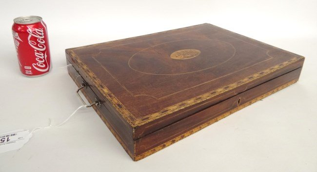 19th c. Inlaid Box: 19th c. Federal inlaid writing box. 17" x 11 1/2" x 21 1/2" Ht., retains key.