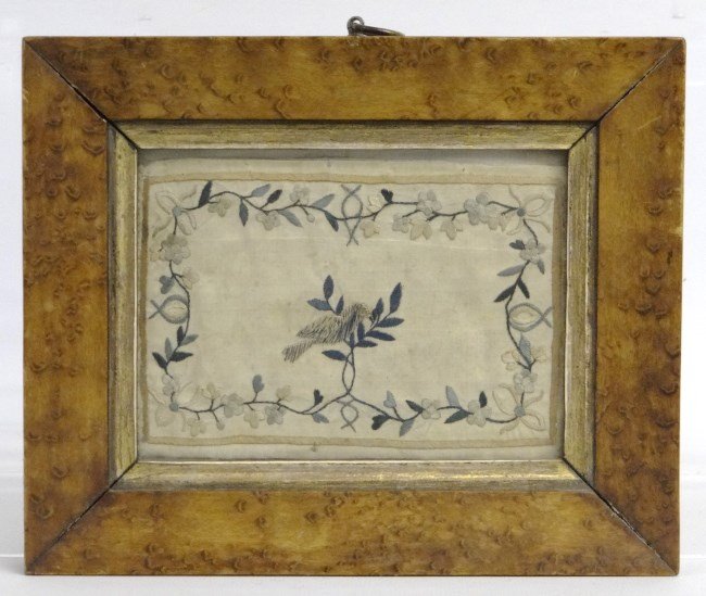 19th c. Needlework: 19th c. silk needlework bird in birdseye maple frame. Sight 4" x 5 1/2".