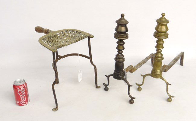 Andirons Lot: Lot including pair 19th c. Empire brass andirons (17 3/4" Ht.), along with 19th c. brass wood handled trivet. 12 1/2" Ht.