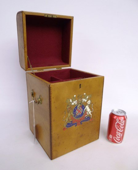 Leather Cellarette: English leather cellarette with coat of arms decoration. 8 1/2" x 8 1/2" x 14" Ht.