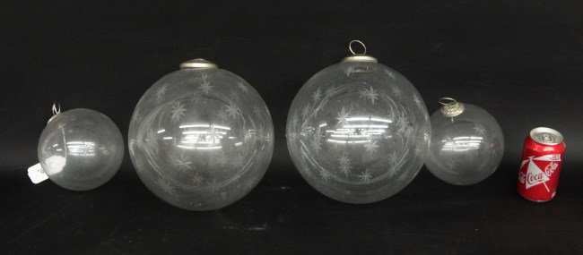 Etched Christmas Balls: Set of four etched Christmas balls.
