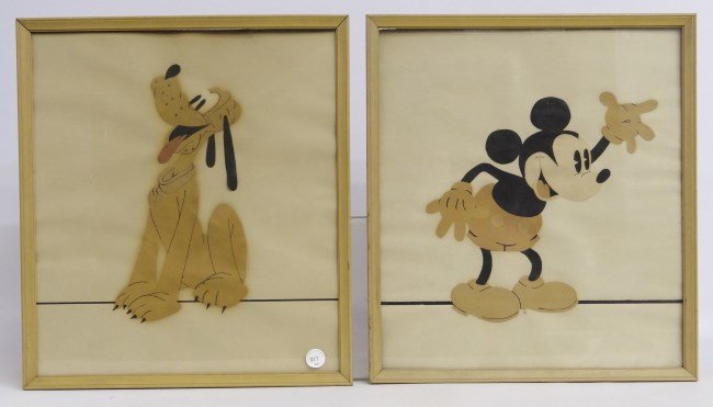 Walt Disney Cutout Pictures: Lot two paper cutout Walt Disney pictures including Mickey Mouse and Pluto C. 1930. Sights 17 1/2" x 15 1/2" each.