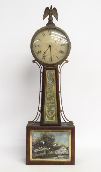 Banjo Clock: 19th c. banjo clock with reverse paintings. Has label inside hand written "Aaron Willard Gates....", 33" Ht.