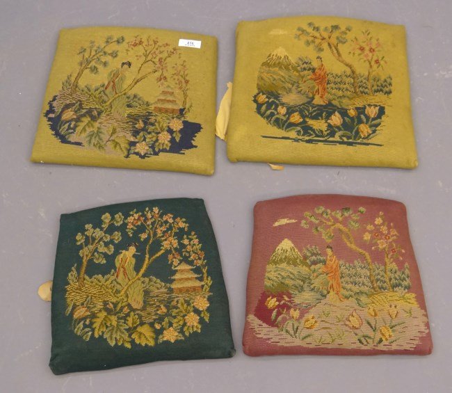Needlepoint Seats: Set of four Asian needlepoint seats.
