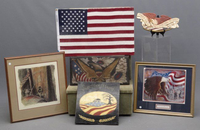Patriotic Lot: Misc. Patriotic lot including carved polychrome painted panel, flag, print signed "Mark Miller".