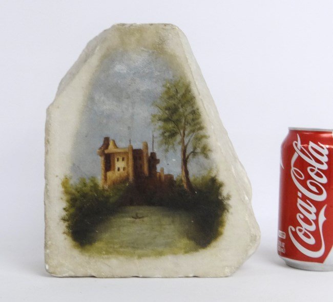Painted Stone Doorstop: Stone doorstop with Hudson River School painting. 8 1/4" Ht.