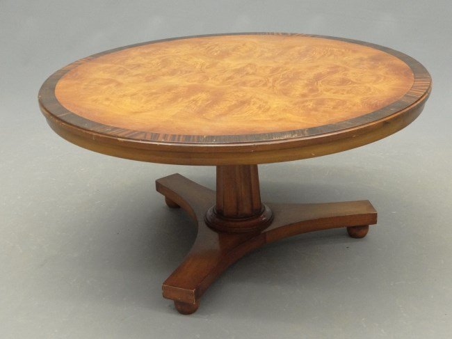 Coffee Table: Burl wood coffee table. Top 34" diameter, 18" Ht.