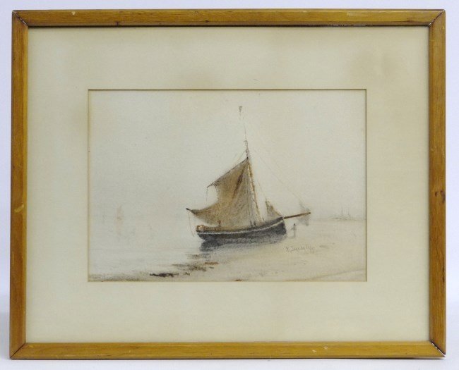 Painting Marshall Johnson Jr.: Watercolor sail boat signed "M. Johnson Jr." (Marshall Johnson Jr. Mass. 1850-1921). Sight 9" x 13".