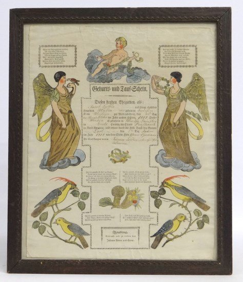 19th c. Fraktur: 19th c. Penna. hand colored printed fraktur "Johann Ritter And Company, dated 1818. Sight 16 1/2" x 13 1/2".
