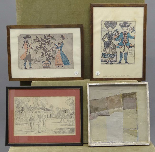 Artwork Lot: Misc. artwork lot including Childe Hassam print, folk art museum prints and artwork attributed to William McGee.
