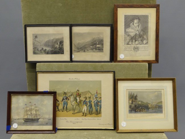 Print Lot: Misc. print lot including "Airolo", "Castle Of Spiez, Lake Of Thun", "March on Lake Chaudiere", "United States Packet Ship "Victoria" of New York", "Das Succursregiment" and "Vera Effigies Viri