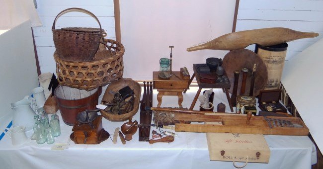 Primitive Lot: Misc. primitive lot including ironstone, baskets, grinder, bottles, scotty bootscraper, stools etc.