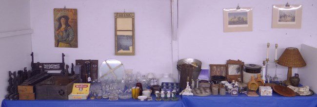 Table Lot: Misc. table lot including glassware, porcelains, lamps, tray set, pottery, Asian objects, Asian wooden parts, shades etc.