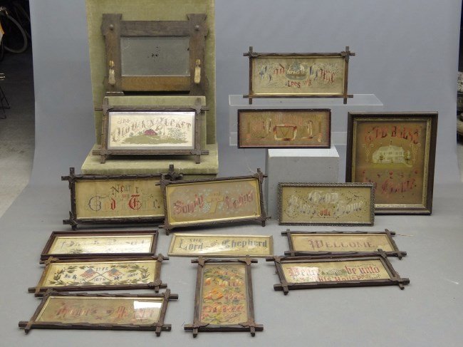 Motto Collection: Lot 13 early framed Mottos, along with deer hoof rack and frame.