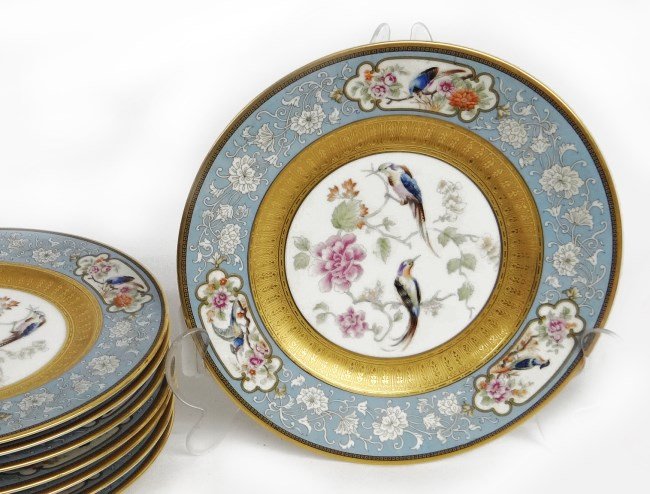 Royal Bavarian Plates: Set of eight 11" Royal Bavarian bird decorated plates with gold interior rim.