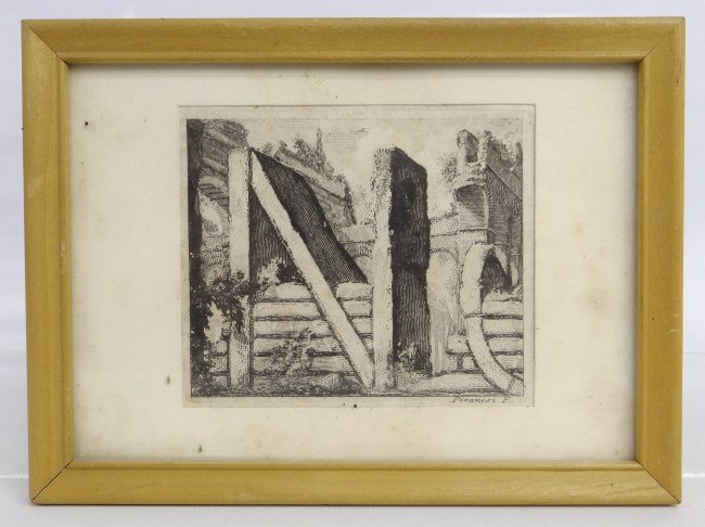 Etching F. Piranesi: Early etching marked "Piranesi F" (Italian 18th c.). Sight 3 1/2" x 4 1/2".