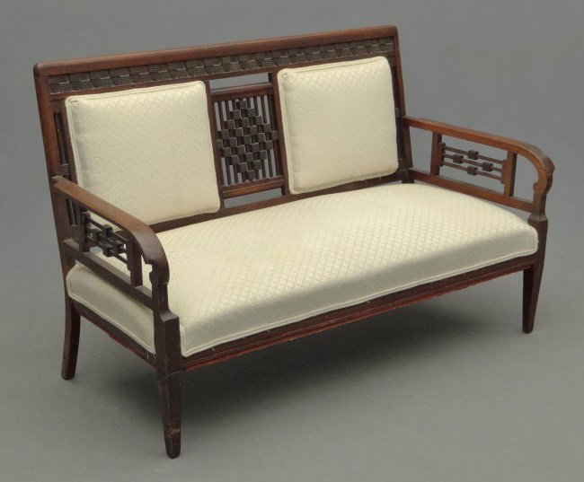 C. 1900's Settee: C. 1900's upholstered settee with weave pattern on wood. 54" x 25" x 34".