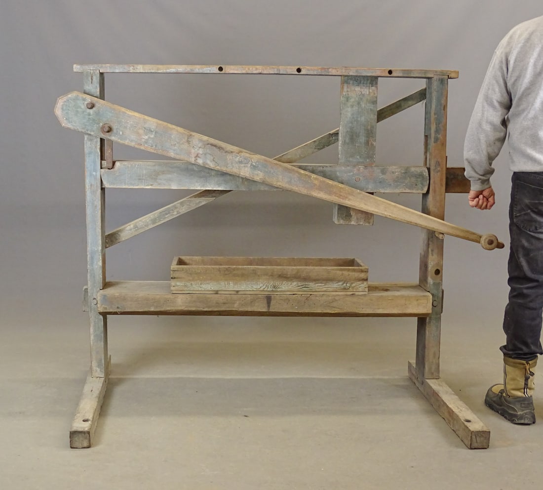 19th c. Cheese Press: 19th c. Primitive Cheese Press in Old Paint. 57" x 32" x 51" Ht..