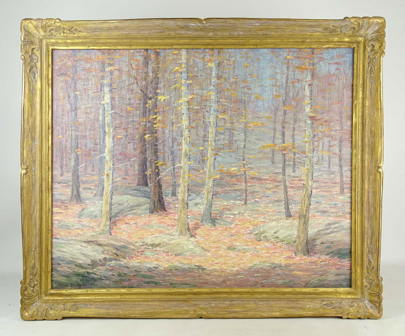 Mina Fonda Ochtman (1862-1924): Painting: Mina Fonda Ochtman (1862-1924), landscape, oil on canvas. Signed LLC. 24" x 30", overall 29" x 35".