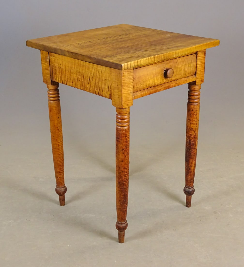 19th c. Figured Maple Stand: 19th c. turned leg figured maple single drawer stand. 21" x 21" x 29" Ht..