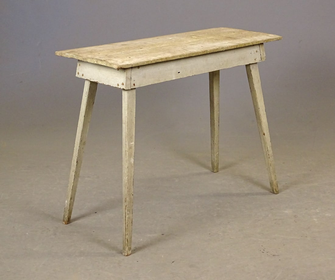 Splay Leg Bench: Early splay leg diminutive bench in old white paint. 30" x 12" x 23 1/2" Ht..