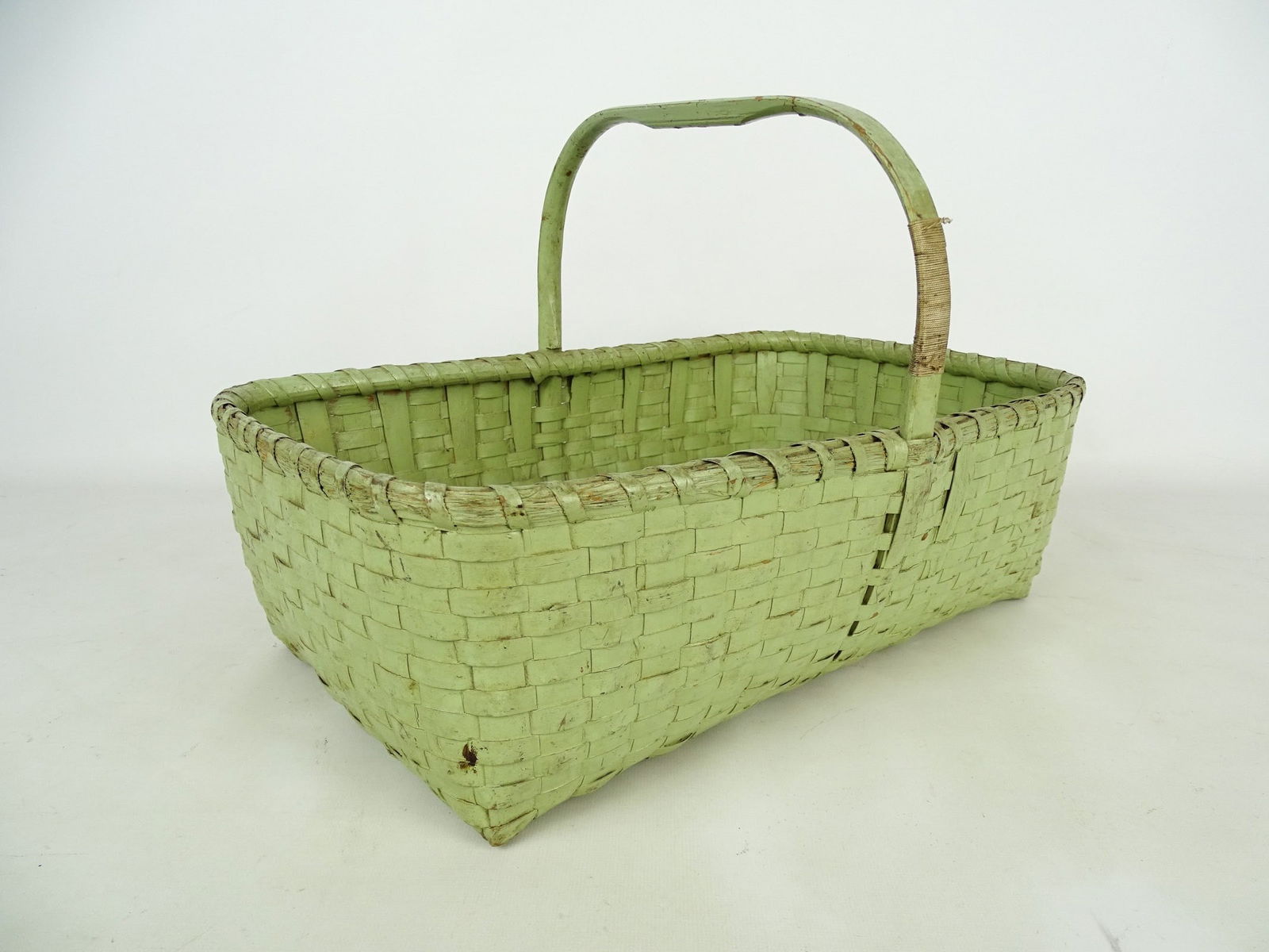 19th c. Painted Basket: 19th c. painted basket with handle. "Make-Do" repair to handle. 16" x 11" x 11" Ht..