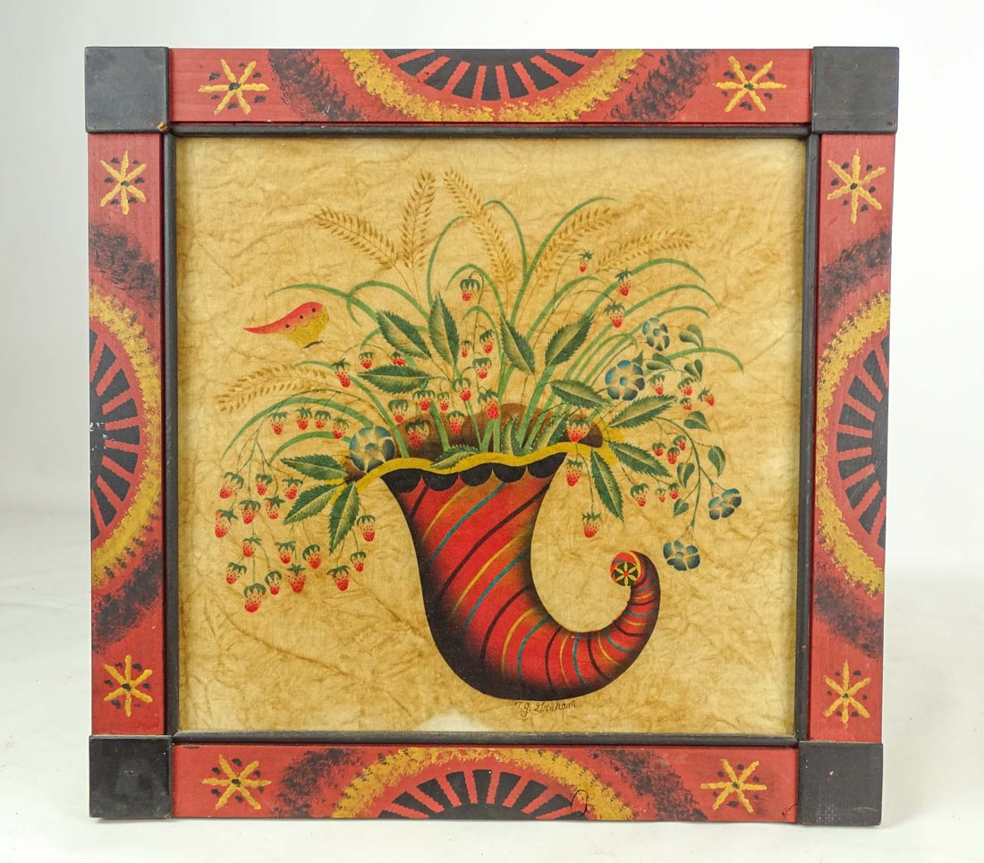 Theorem: Theorem on velvet horn of plenty with strawberries. Paint decorated frame. Overall in frame 19" x 19". Signed TG Graham.
