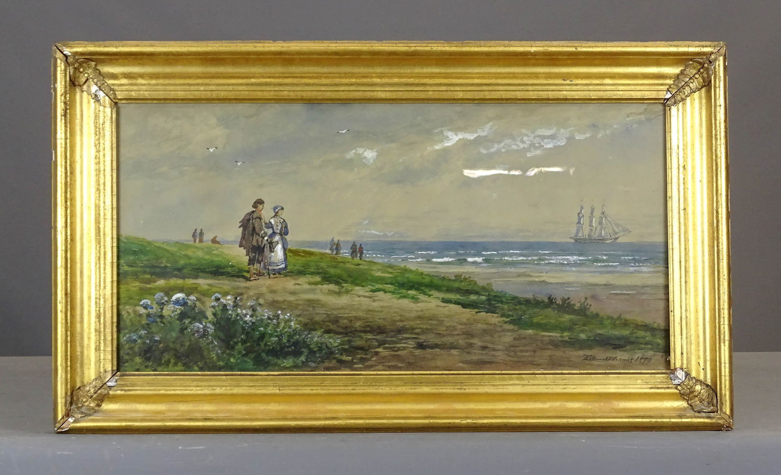 Edmund Darch Lewis (1835-1910): Painting: Edmund Darch Lewis (1835-1910), coastline with figures and sailing vessel in background. Gouache or watercolor. Signed and dated 1870 LRC. Gilded frame. Sight 12 1/2" x 26", overall 18 1/2"