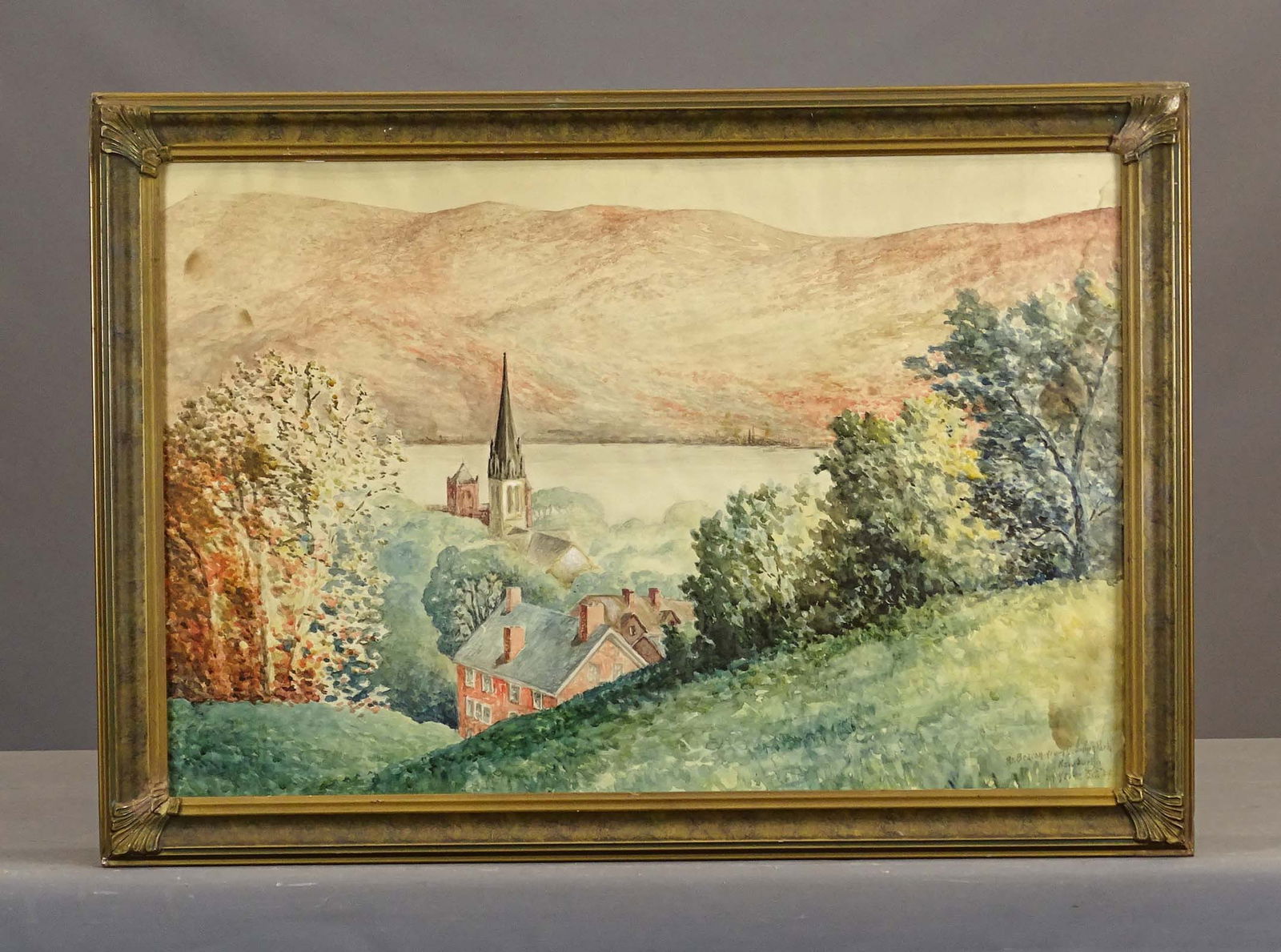 Watercolor of Mt. Beacon New York: Original watercolor of Mt. Beacon New York. Signed and dated '24 LRC. Sight 19 1/2" x 29 1/2", overall 23 1/2" x 33 1/2".