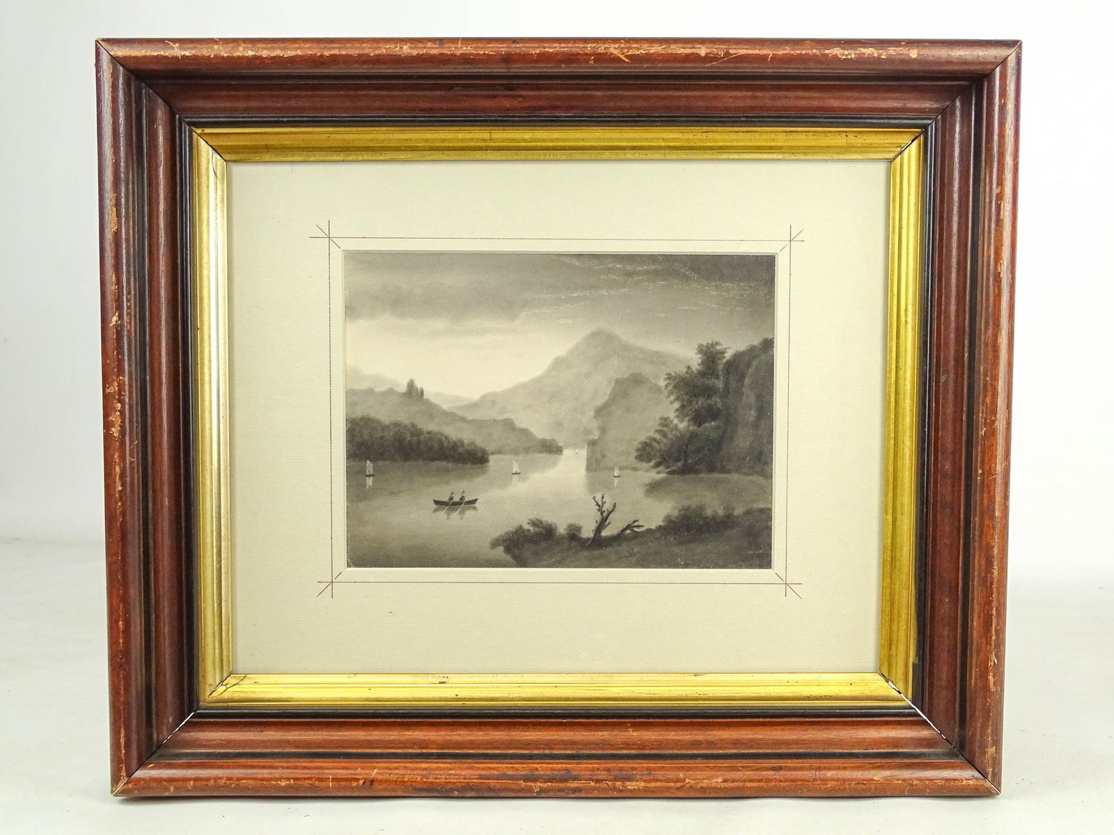 19th c. Sandpaper Drawing: 19th c. Hudson River Subject sandpaper drawing in walnut frame. Sight 7" x 9", overall 15" x 18".