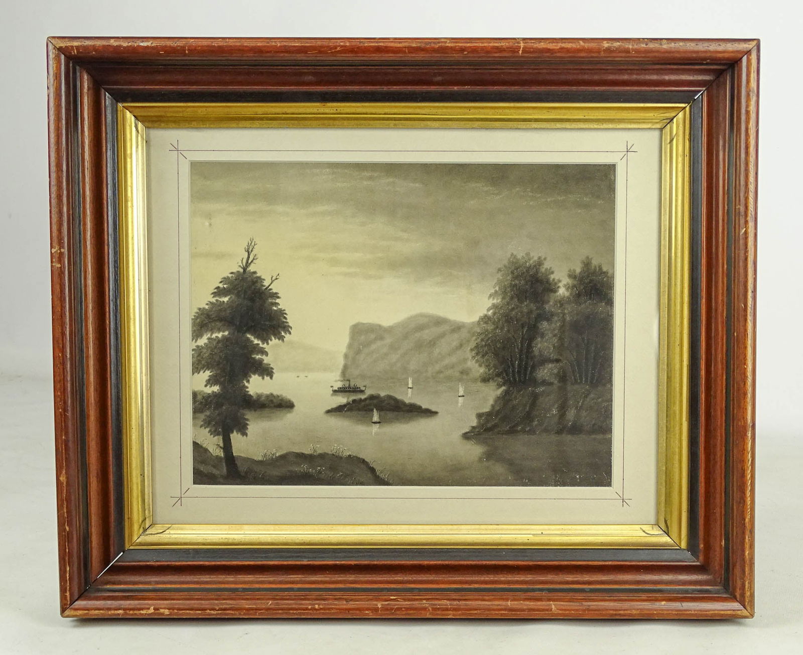 19th c. Sandpaper Drawing: 19th c. Hudson River Subject sandpaper drawing in walnut frame. Sight 9" x 11", overall 14 1/2" x 18".