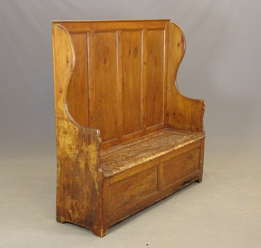 19th c. Pine Settle Bench: 19th c. lift top pine settle bench.54" x 17" x 54 1/2" Ht..