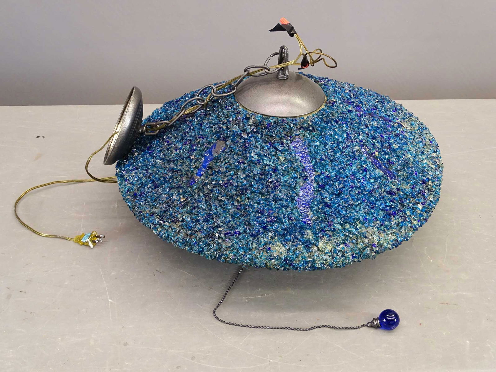 MCM Flying Saucer Light Fixture: MCM Flying Saucer light fixture. Blue acrylic. 20" D..150