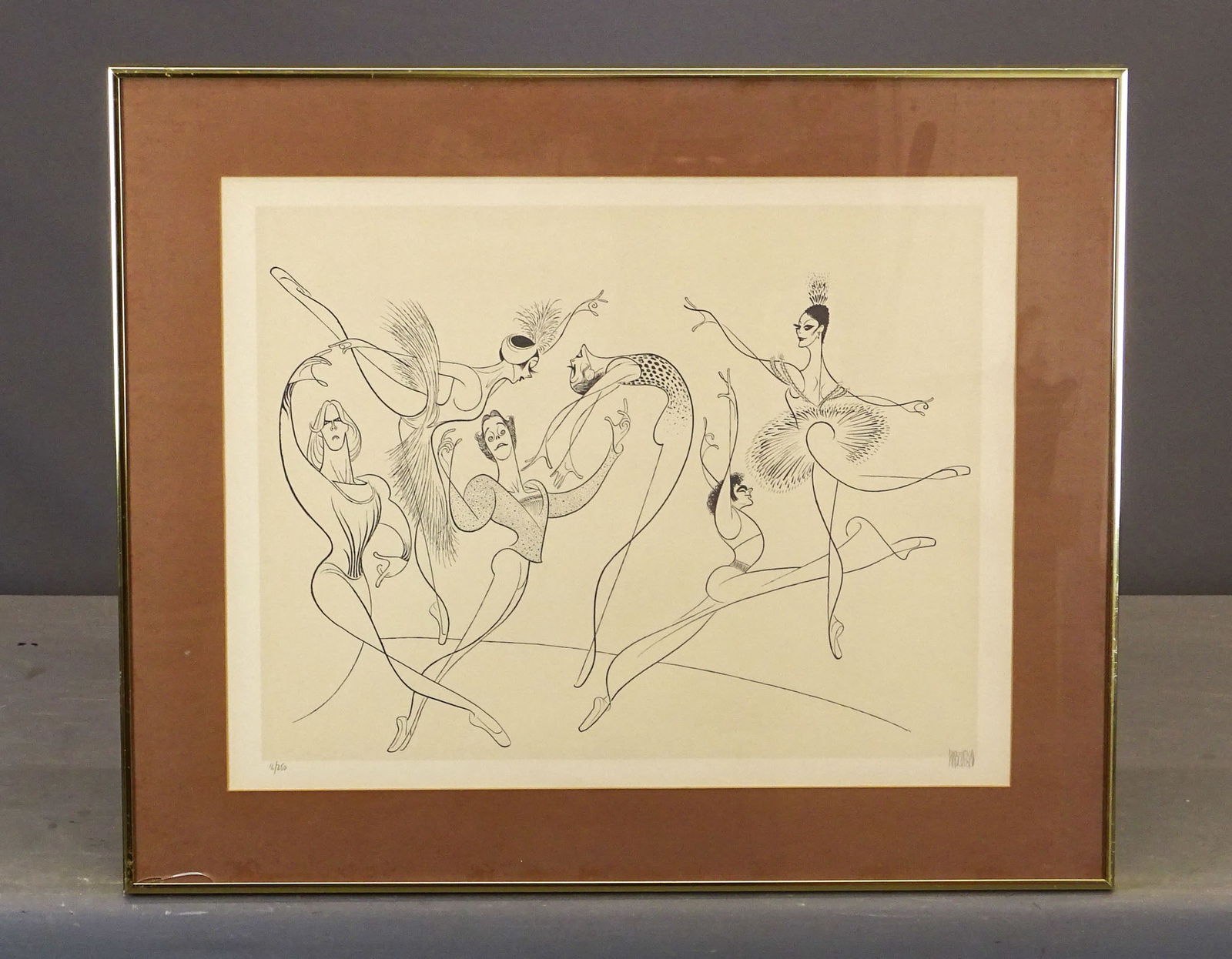 Albert Hirschfeld (1903-2003): Albert Hirschfeld (1903-2003), American Ballet. Lithograph. 16/250. Sight 18" x 23", overall 24 1/2" x 29". Glass has small crack lower left corner.