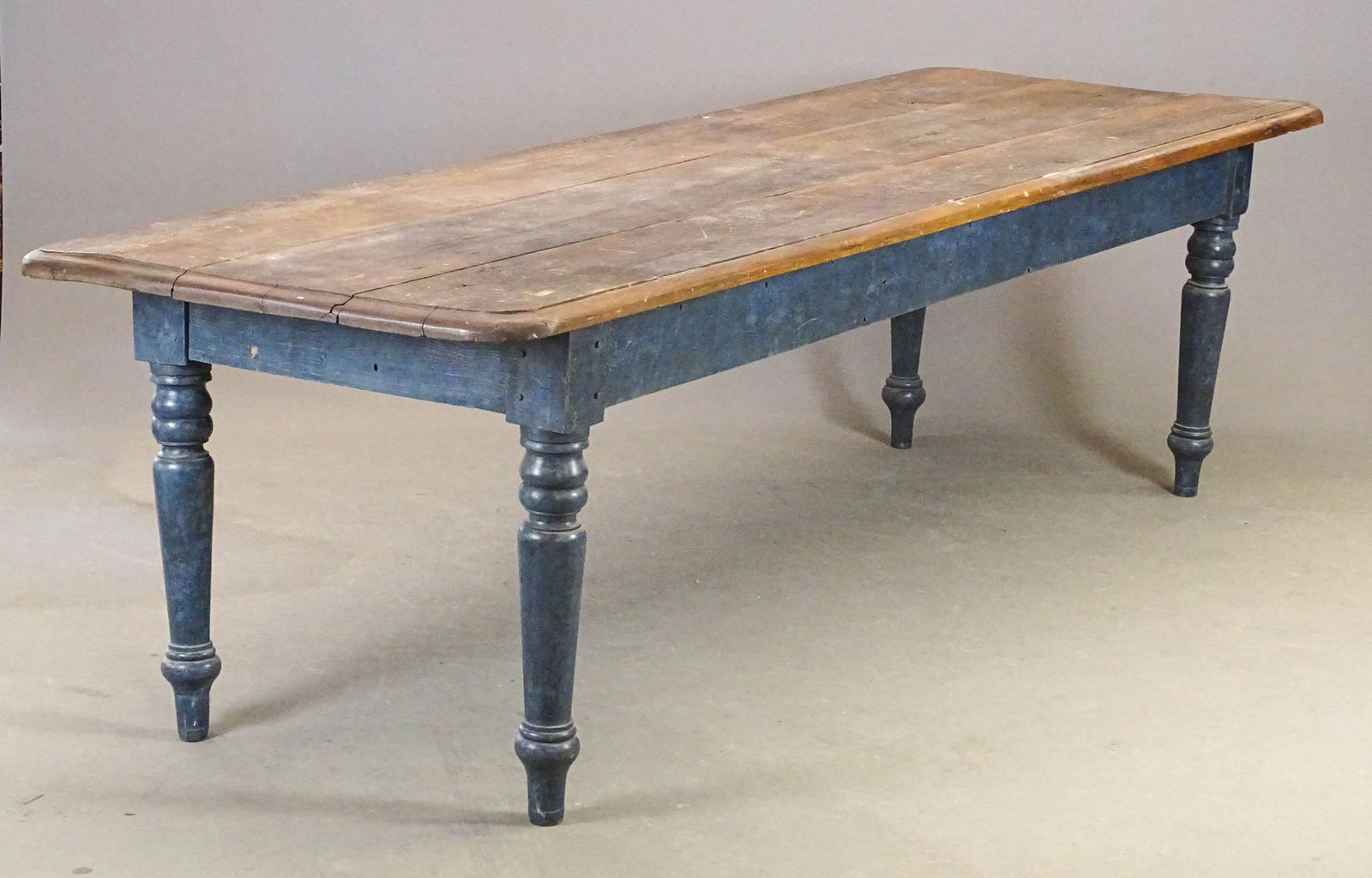 Canadian Farm Table: Canadian farm table with blue painted base. 8' 10" x 36", 30" Ht..