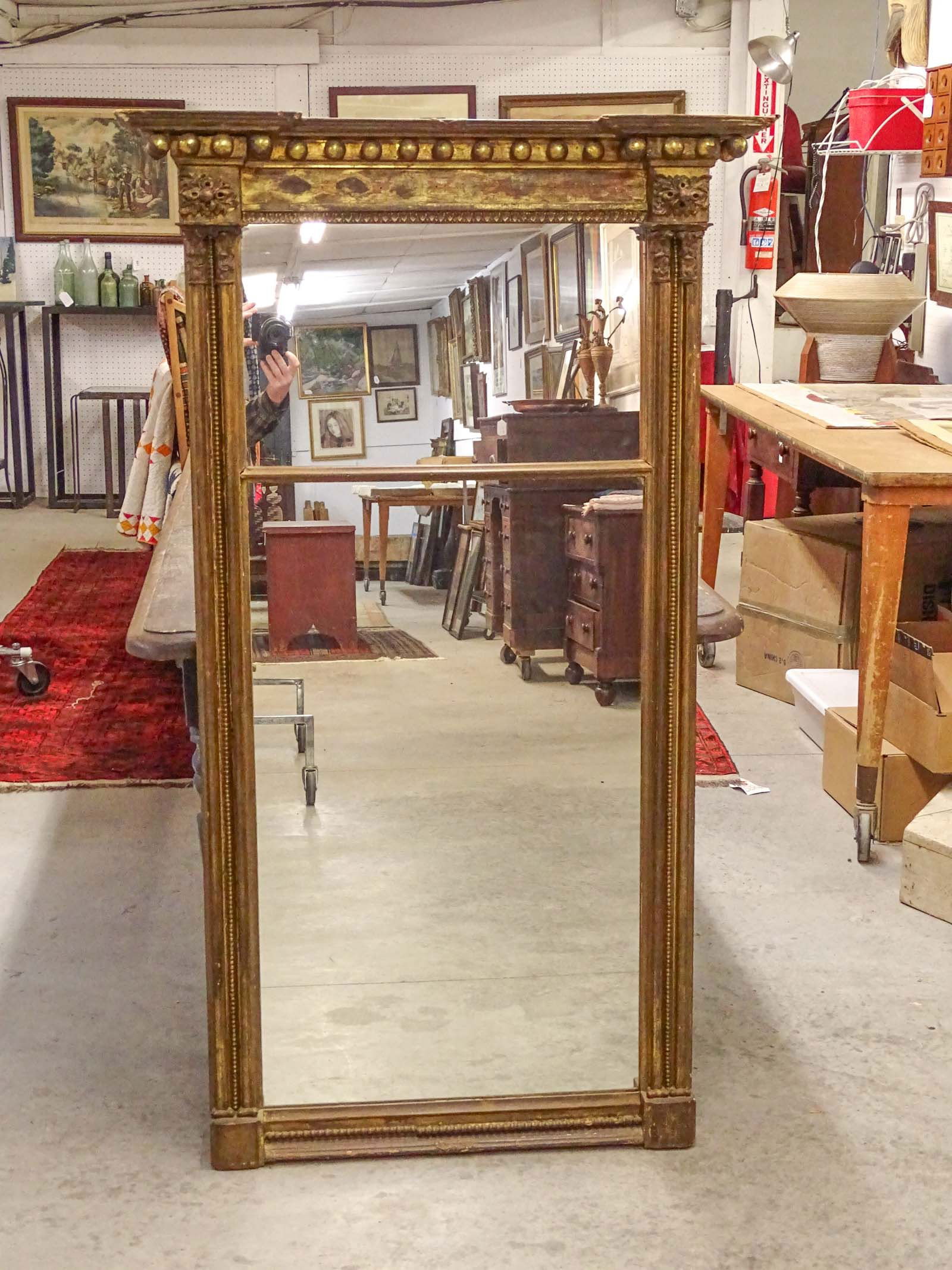 19th c. Federal Mirror: Large 19th c. Federal split panel mirror. Side columns, drop balls and egg and dart decoration. 34" x 58 1/2".