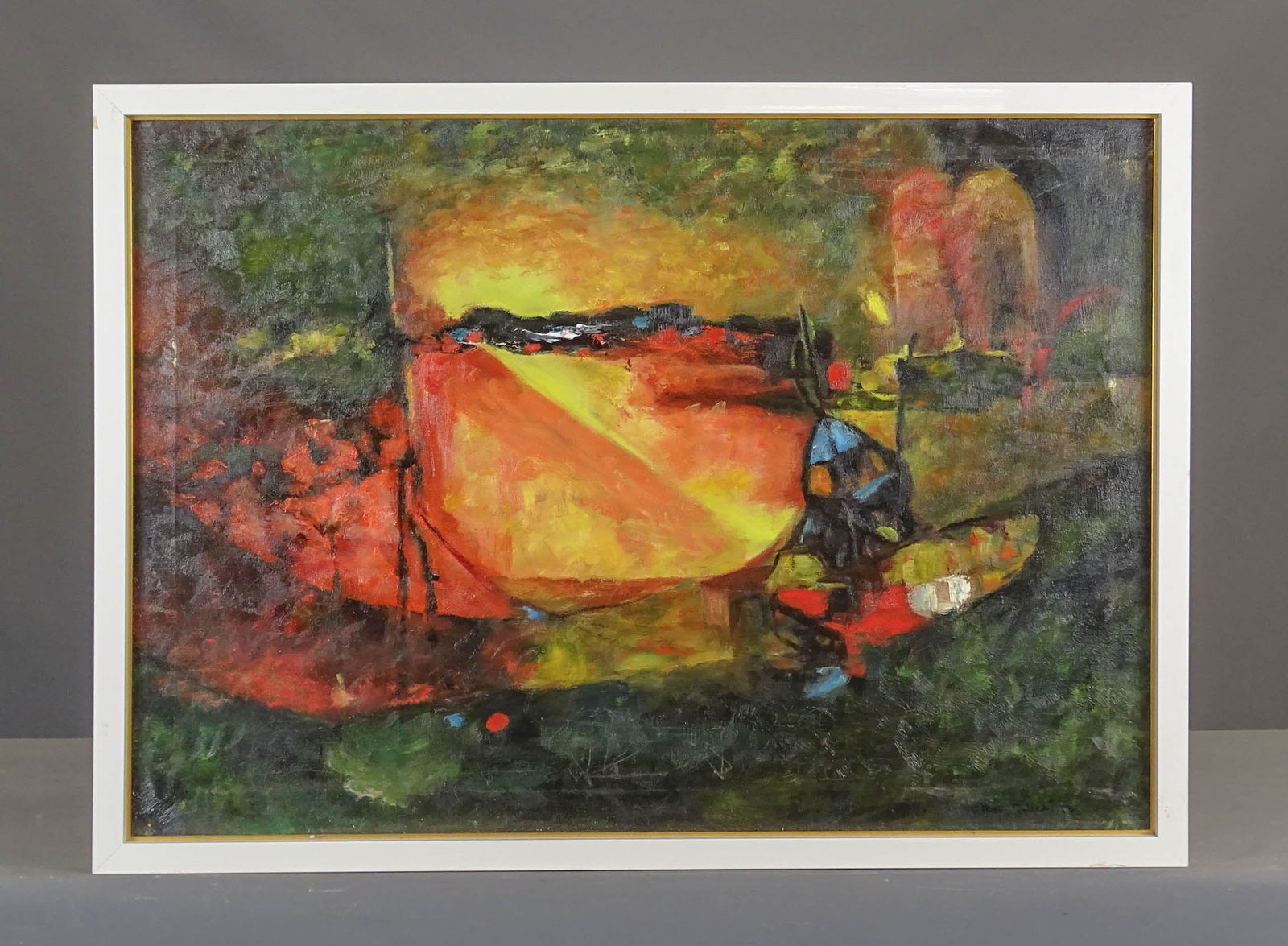 Oscar Cahen (1916-56): Painting: Oscar Cahen (1916-56), abstract, oil on canvas. Sight 23" x 33 1/4", overall 25 1/2" x 36".