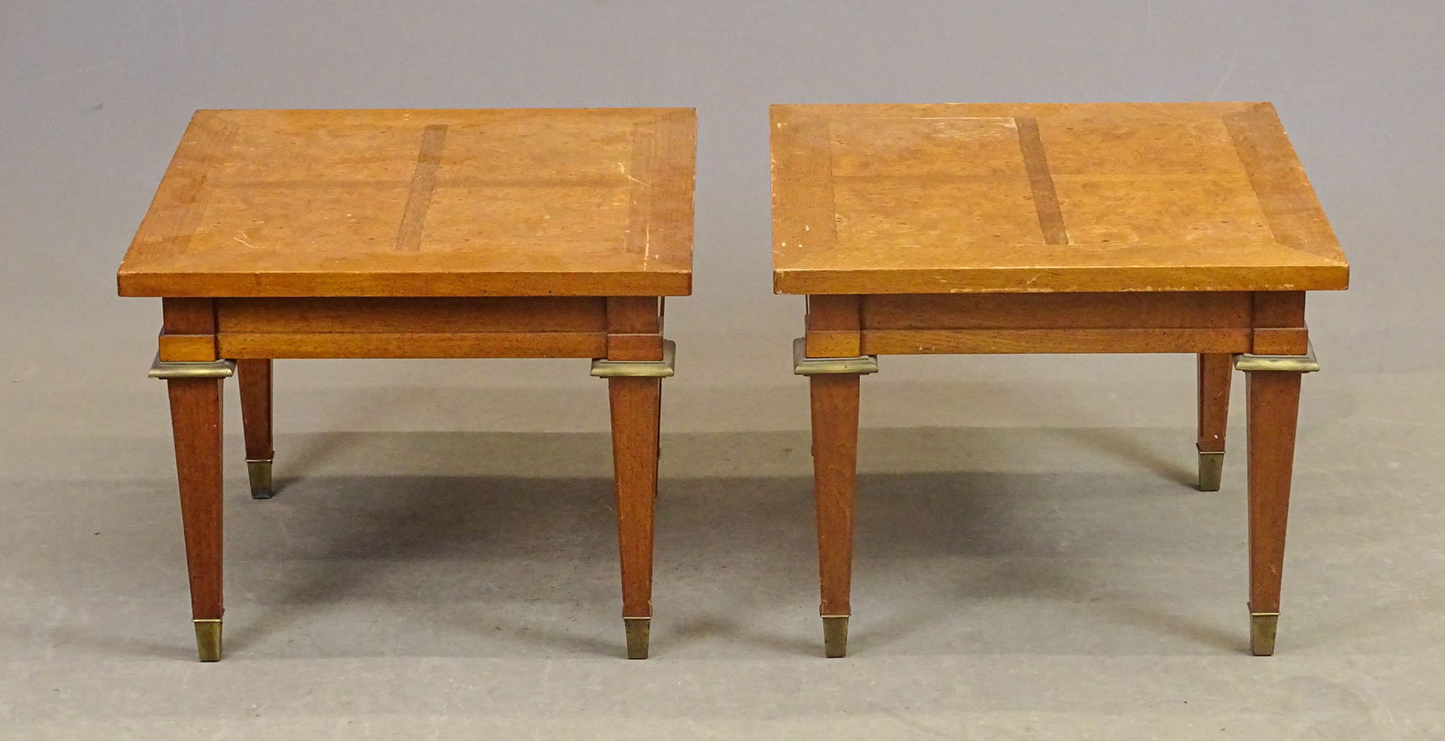 Pair of Vintage Side Tables: Pair of vintage side tables. Brass mounted. 18" x 18" x 14 1/2".